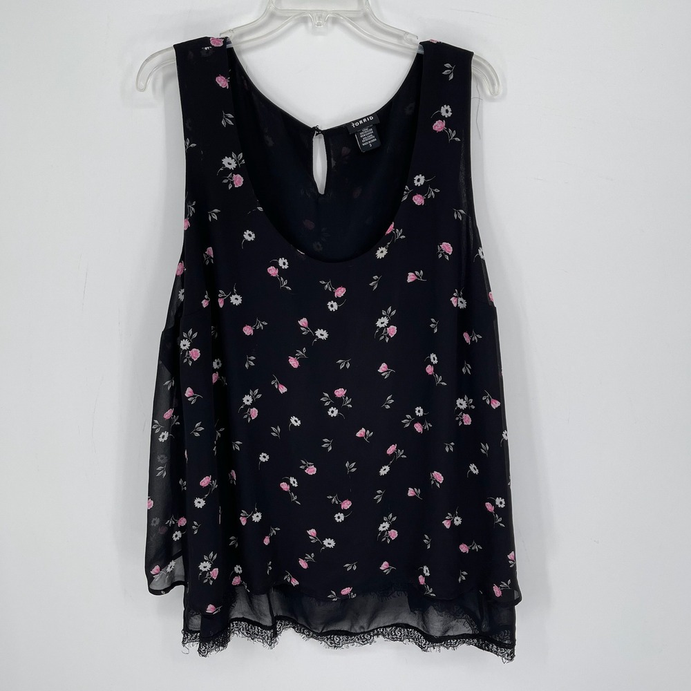 Torrid Women's Black Floral Lace Trim Chiffon Sleeveless Tank Top Plus Size 3 3X